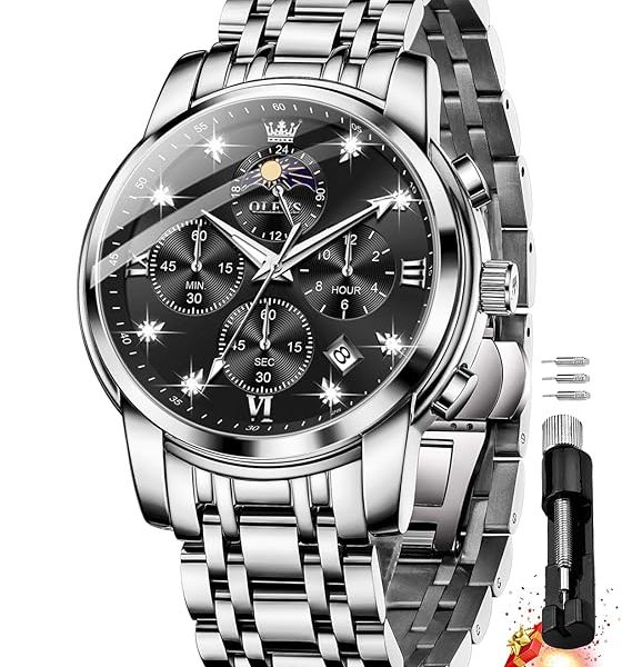 OLEVS Chronograph Watches for Men Original Analog Quartz Black Stainless Steel Chain Luxury Dual Time Zone Moon Phase Date Waterproof Men's Wrist Watch