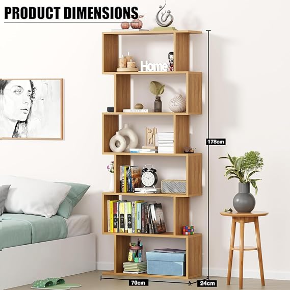 Lukzer 6-Layer S-Shaped Ladder Bookshelf | Engineered Wood Open Display Rack | Modern Bookcase for Living Room, Office & Bathroom | Home Storage Organizer (MR-002, Light Oak, 178x70x24 cm, DIY)