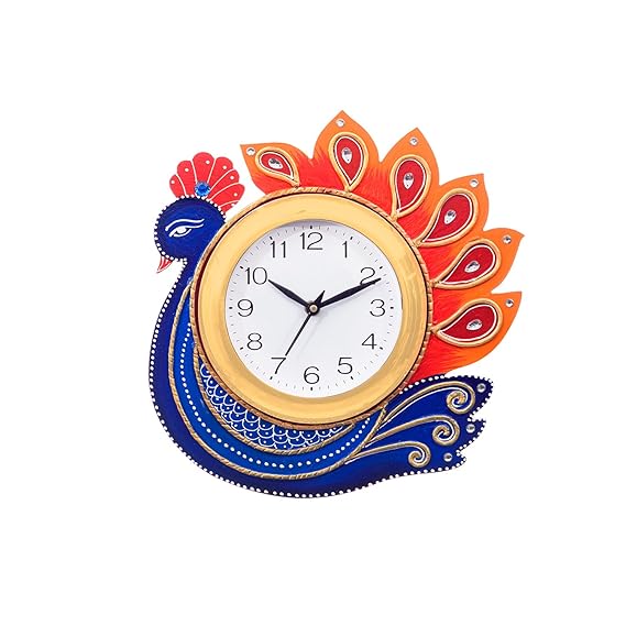 Handcrafted Peacock Papier-Mache and Wooden Wall Clock (27 cm x 3 cm x 27 cm, KWC656)
