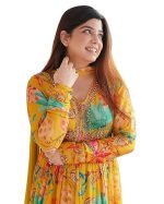 Women Floral Print Anarkali Kurta with Pant and Dupatta Set (Yellow)