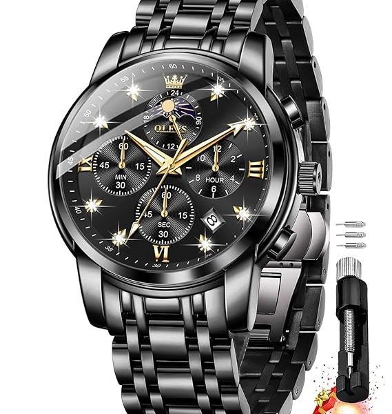 OLEVS Chronograph Watches for Men Original Analog Quartz Black Stainless Steel Chain Luxury Dual Time Zone Moon Phase Date Waterproof Men's Wrist Watch
