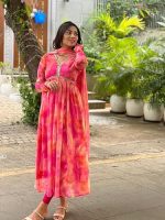 Women Floral Print Anarkali Kurta with Pant and Dupatta Set (Purple)