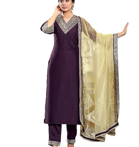 Women's Rayon Viscose Embroidery Straight Kurta Pant with Dupatta Set