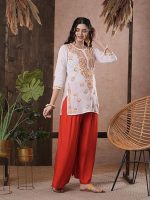 Women's Cotton Straight Fit Tunic Hand Embroidered Lucknow Chikankari Straight Short Kurti (White)