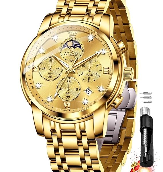 OLEVS Chronograph Watches for Men Original Analog Quartz Black Stainless Steel Chain Luxury Dual Time Zone Moon Phase Date Waterproof Men's Wrist Watch