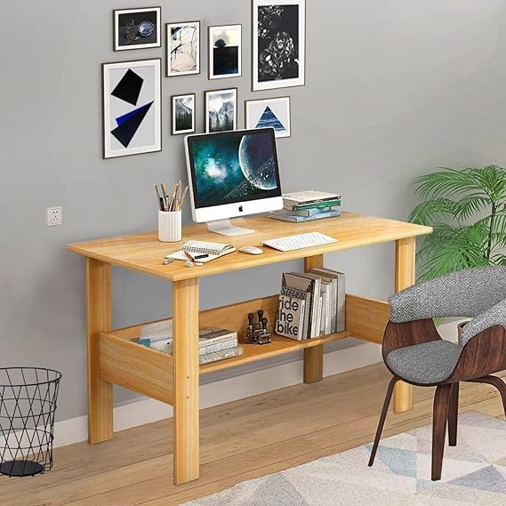 Lukzer Premium Engineered Wood Computer Desk with One Tier Shelves Laptop Study Table for Office Home Workstation Writing Modern Desk (ST-004/Light Oak/ 90 x 50 x 77 cm)