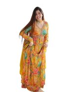 Women Floral Print Anarkali Kurta with Pant and Dupatta Set (Yellow)