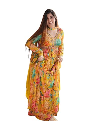 Women Floral Print Anarkali Kurta with Pant and Dupatta Set (Yellow)