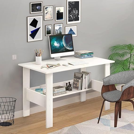Lukzer Premium Engineered Wood Computer Desk with One Tier Shelves Laptop Study Table for Office Home Workstation Writing Modern Desk (ST-004/White/ 90 x 50 x 77 cm)