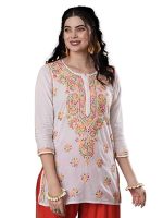 Women's Cotton Straight Fit Tunic Hand Embroidered Lucknow Chikankari Straight Short Kurti (White)