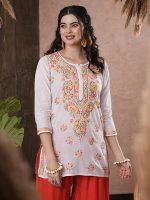 Women's Cotton Straight Fit Tunic Hand Embroidered Lucknow Chikankari Straight Short Kurti (White)