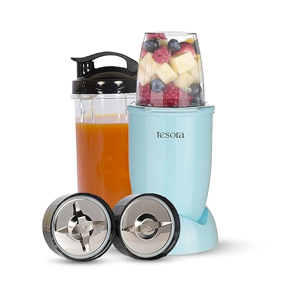 Tesora - Inspired By You Nutri-Flash Mixer, Grinder & Blender| Comes With 2 Jars & A To-Go Lid | Stainless Steel Serrated & Cross Blade With Detachable Base | Blue - 400 Watts