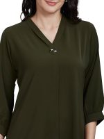 Women’s Solid Tunic with Fashionable V-Fold Neck (Mehendi Green)