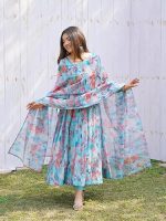 Women Floral Print Anarkali Kurta with Pant and Dupatta Set (Sky Blue)