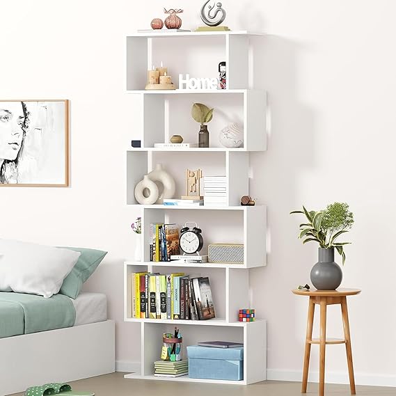 Lukzer 6-Layer S-Shaped Ladder Bookshelf | Engineered Wood Open Display Rack | Modern Bookcase for Living Room, Office & Bathroom | Home Storage Organizer (MR-002, White, 178x70x24 cm, DIY)
