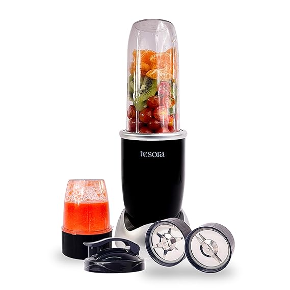 Tesora - Inspired By You Nutri-Flash Mixer, Grinder & Blender| Comes With 2 Jars & A To-Go Lid | Stainless Steel Serrated & Cross Blade With Detachable Base | Black - 400 Watts