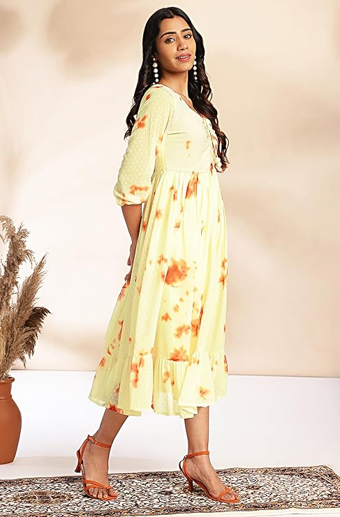 Women's Georgette Relaxed Fit A Line Dobby Tie & Dye Below The Knee A-Line Kurta Dress