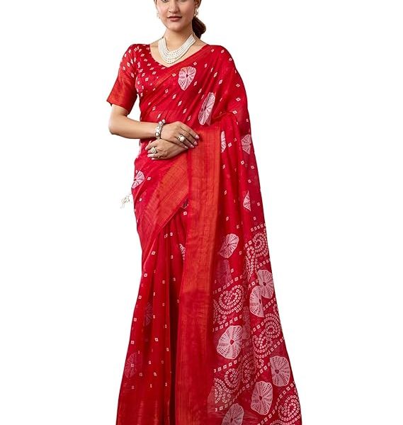 Women's Cotton Blend Printed Saree With Unstitched Blouse Piece