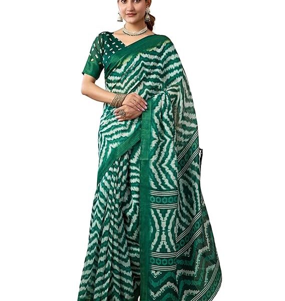 Women's Cotton Blend Printed Saree With Unstitched Blouse Piece