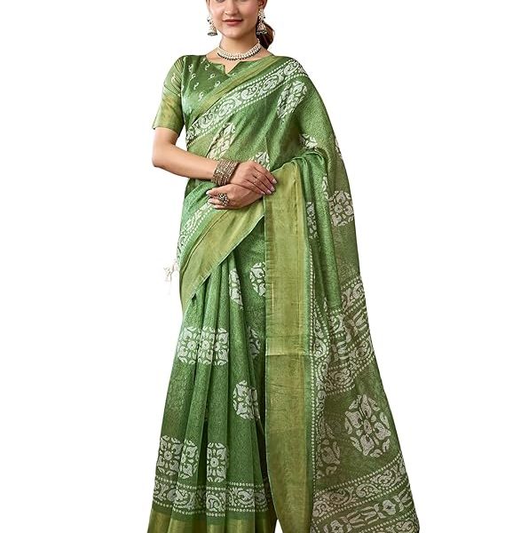 Women's Cotton Blend Printed Saree With Unstitched Blouse Piece