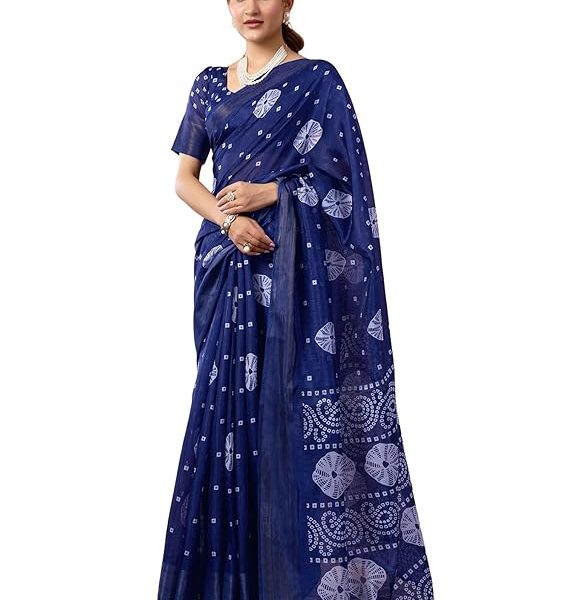 Women's Cotton Blend Printed Saree With Unstitched Blouse Piece