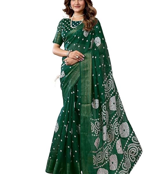 Women's Cotton Blend Printed Saree With Unstitched Blouse Piece