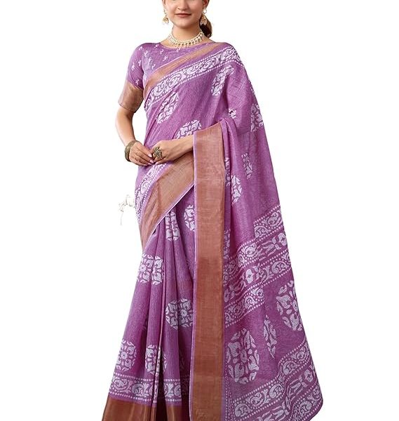 Women's Cotton Blend Printed Saree With Unstitched Blouse Piece