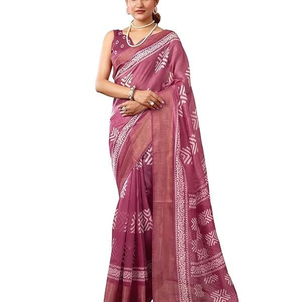 Women's Cotton Blend Printed Saree With Unstitched Blouse Piece