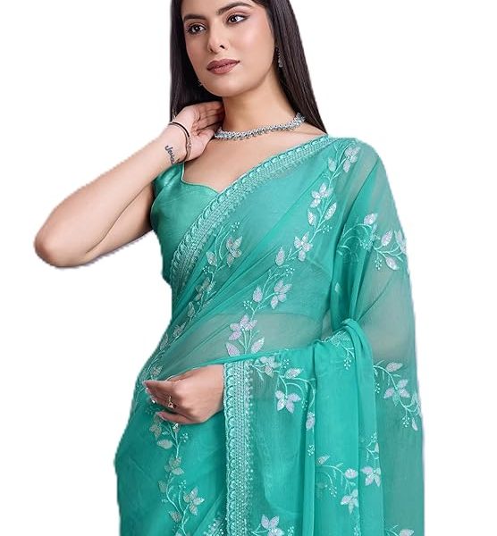 Women Simmer Chiffon Blue Floral Pattern Embroidery Work Saree with Unstitched Blouse - Elegant Design, Intricate Floral Embroidery, Lightweight, Perfect for Weddings, Parties