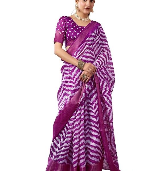 Women's Cotton Blend Printed Saree With Unstitched Blouse Piece