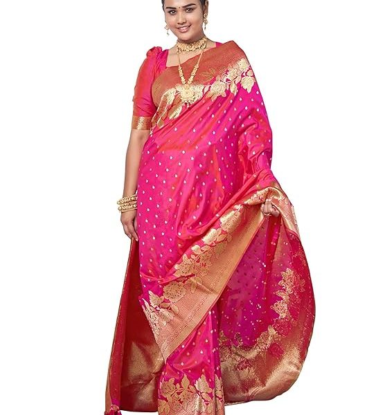 Women's Trendy Banarasi Woven Saree with Heavy Jacquard Work, Elegant Design, Silk Saree with Maching Lace Border Unstitched Blouse Piece for Weddings & Festive Occasions