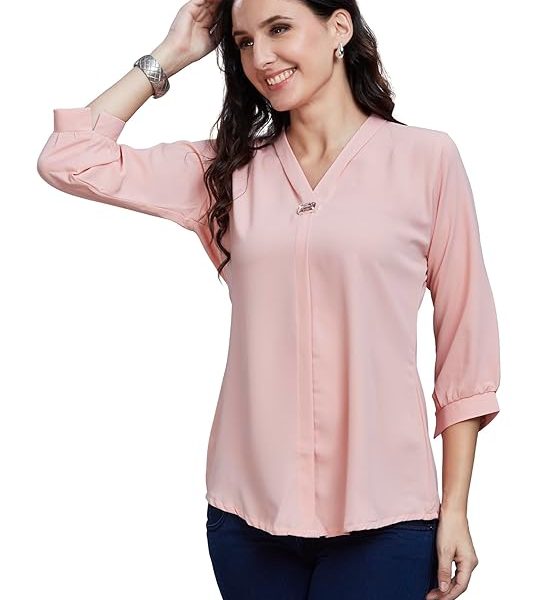 Women’s Solid Tunic with Fashionable V-Fold Neck (Peach)