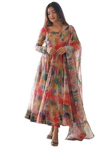 Women Floral Print Anarkali Kurta with Pant and Dupatta Set (Orange)