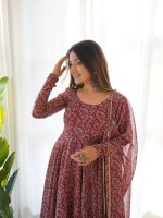 Women Floral Print Anarkali Kurta with Pant and Dupatta Set (MAROON)