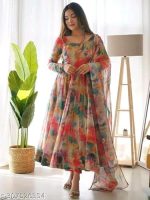 Women Floral Print Anarkali Kurta with Pant and Dupatta Set (Orange)