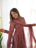 Women Floral Print Anarkali Kurta with Pant and Dupatta Set (MAROON)
