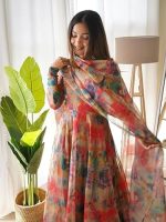 Women Floral Print Anarkali Kurta with Pant and Dupatta Set (Orange)