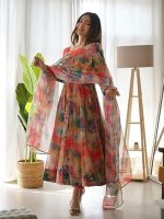 Women Floral Print Anarkali Kurta with Pant and Dupatta Set (Orange)