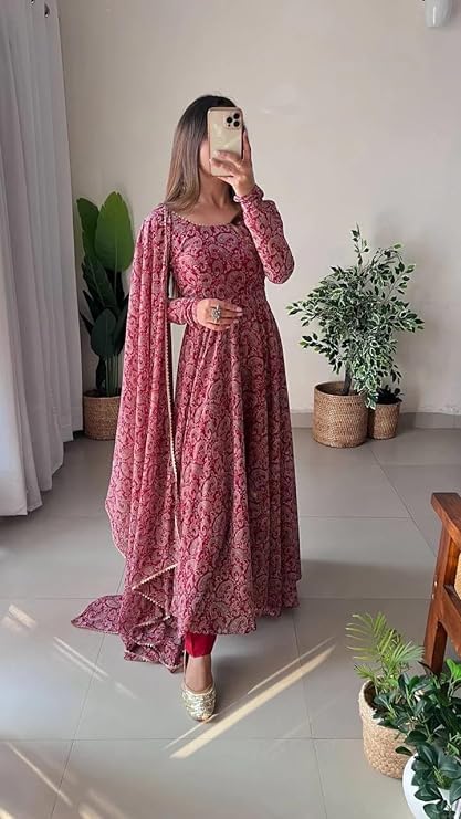 Women Floral Print Anarkali Kurta with Pant and Dupatta Set (MAROON)