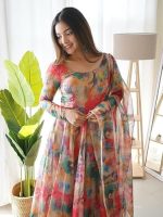 Women Floral Print Anarkali Kurta with Pant and Dupatta Set (Orange)
