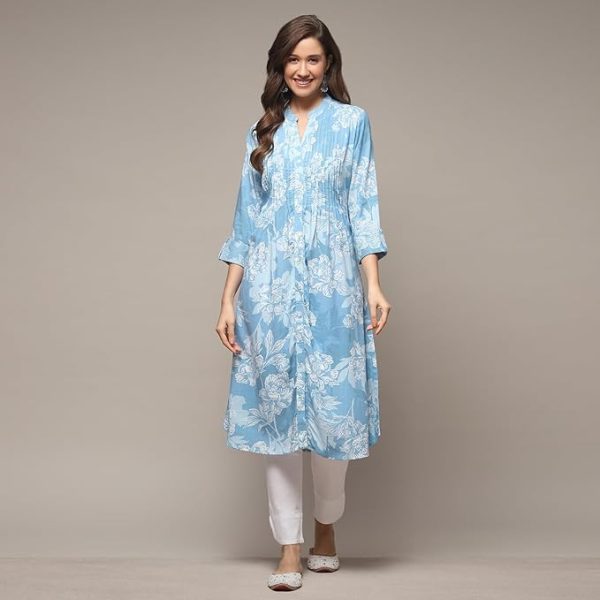 Women Liva Straight Printed Kurta (Teal)