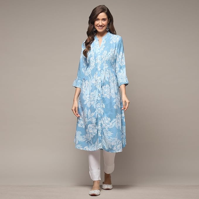 Women Liva Straight Printed Kurta (Teal)
