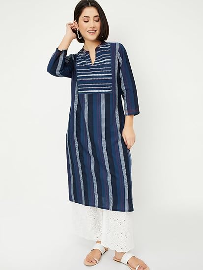 Women's Cotton Regular Fit Striped Regular Kurta
