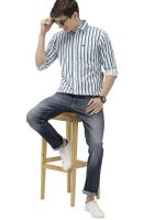 Men's Cotton Slim Fit Multi Striped Full Sleeves Cutaway Collar Casual Shirt - White