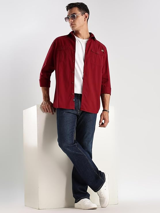 ADRO Cargo Shirt for Men with Double Pocket | 100% Cotton | Full Sleeve | Regular Fit - Maroon