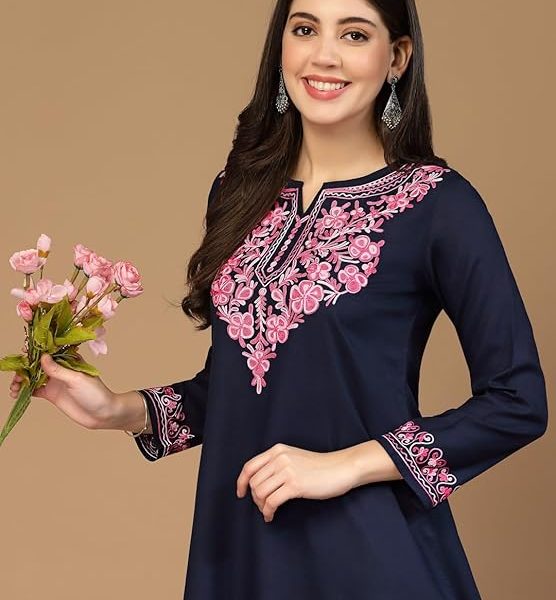 Women's Naila Kashmiri A-Line Short Kurti (Navy Blue)