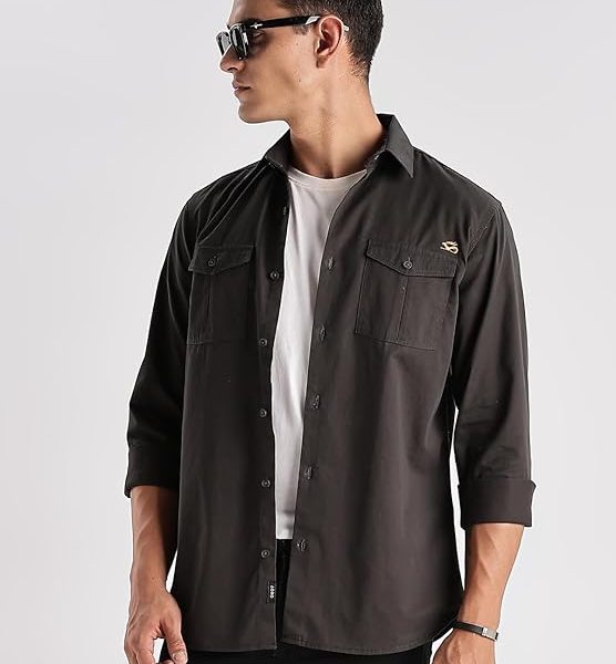 ADRO Cargo Shirt for Men with Double Pocket | 100% Cotton | Full Sleeve | Regular Fit - Dark Grey