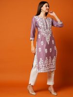Women's Cotton Blend Straight Chikankari Embroidered Kurta