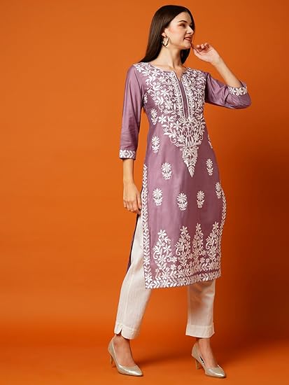 Women's Cotton Blend Straight Chikankari Embroidered Kurta