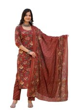 Cotton Blend Women Kurta Set (Red)